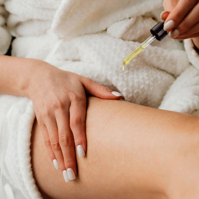 A person in a white robe applies LONDONTOWN's Botanical Radiance Oil to their leg using a dropper while resting their other hand on their thigh.