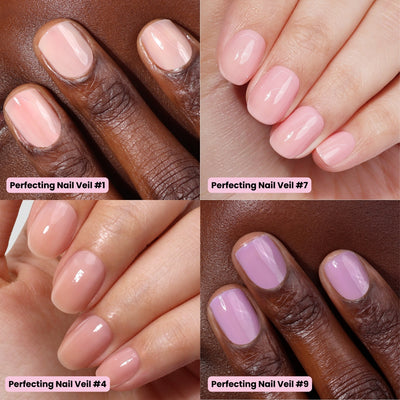 A collage presents four distinct hands exhibiting various shades of the "Perfecting Nail Veil Mini Set" by LONDONTOWN, labeled #1, #7, #4, and #9. Each polish boasts a sheer, glossy finish that highlights natural perfection.