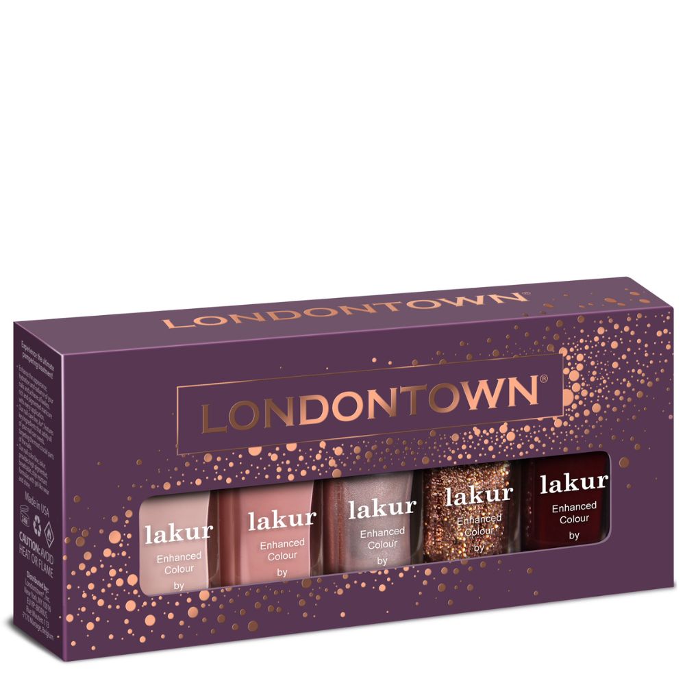 A LONDONTOWN Holiday Luxe Collection nail polish set containing four bottles in various shades, packaged in a purple box with gold accents.