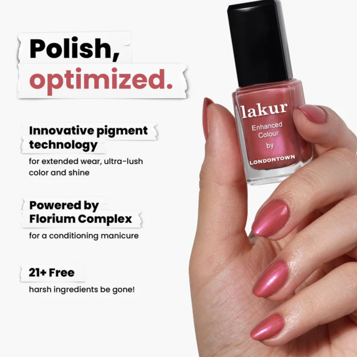 A hand holds a LONDONTOWN Petals & Pearls Set bottle, highlighting its innovative pigment technology and Florium Complex. The 21+ free formulation suits everyday beauty routines, offering soft hues that enhance radiant beauty without harsh ingredients.