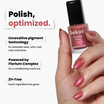 A hand holds a LONDONTOWN Petals & Pearls Set bottle, highlighting its innovative pigment technology and Florium Complex. The 21+ free formulation suits everyday beauty routines, offering soft hues that enhance radiant beauty without harsh ingredients.