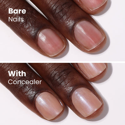 Two images of fingernails: the top shows bare nails, and the bottom reveals the same nails enhanced with LONDONTOWN's Bare Illuminating Nail Concealer (Professional), resulting in a smooth, polished appearance.