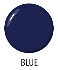 A round, dark blue button with the word "BLUE" underneath it.