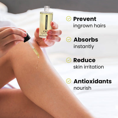 A person applies LONDONTOWN's Botanical Radiance Oil to their leg using a dropper. Text on the image lists benefits: "Prevent ingrown hairs, Absorbs instantly, Reduces skin irritation, Antioxidants nourish.