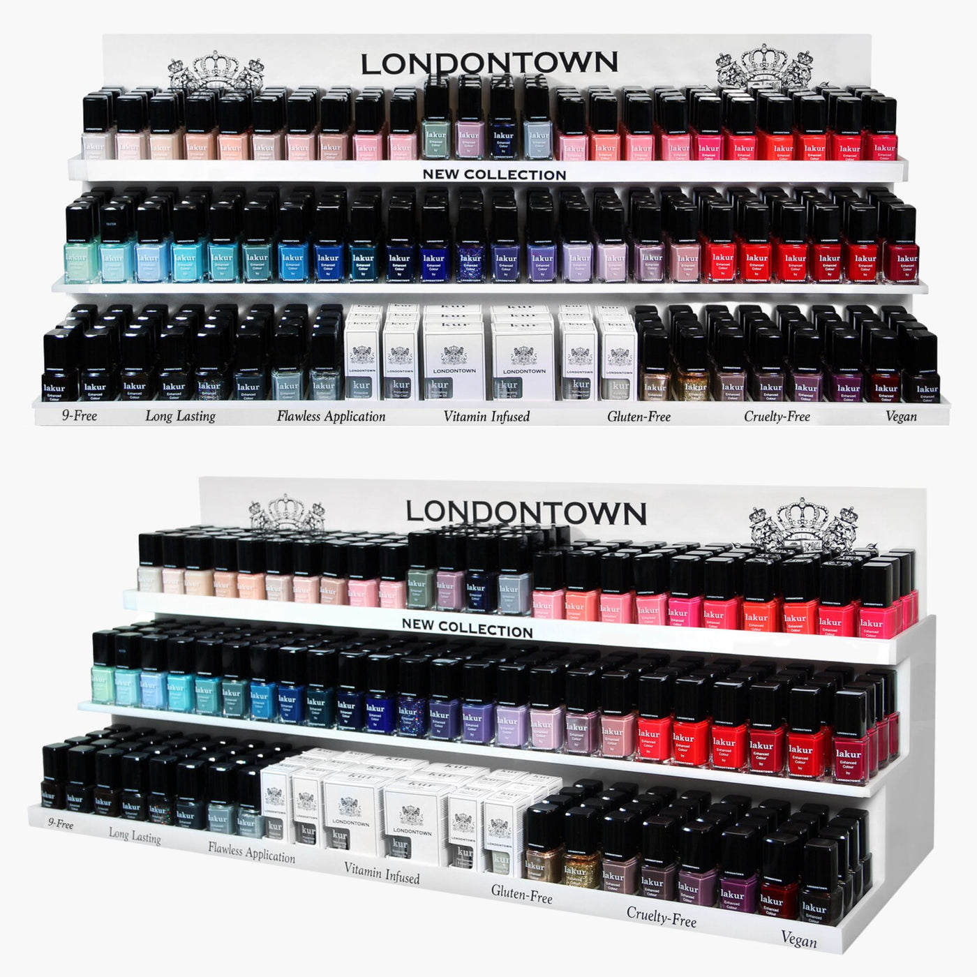 A display of LONDONTOWN's Classics Display nail polishes, meticulously organized in rows by color and featuring labels that highlight their "Long Lasting," "Vegan," and "Cruelty-Free" qualities.