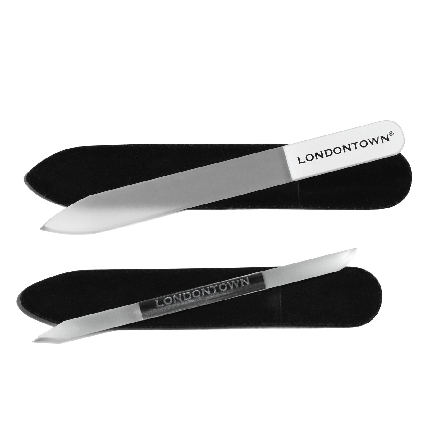 The Glass Cuticle Pusher and Nail File Duo by LONDONTOWN includes two glass nail files, each with a black velvet sleeve.