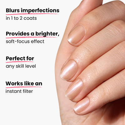 Close-up of a hand with neatly manicured, natural nails. Accompanying text highlights the benefits of LONDONTOWN's Bare Illuminating Nail Concealer: blurs imperfections, provides brightness, suits any skill level, and acts like an instant filter. The lustrous beige shade adds a touch of elegance to any look.