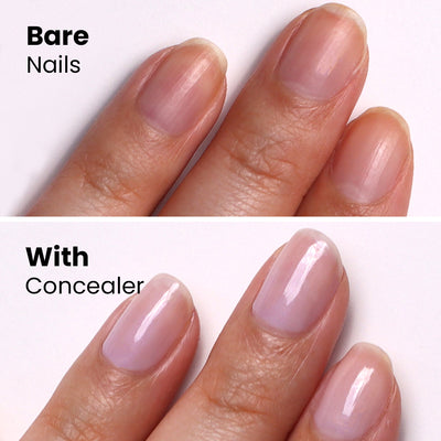 Two images of fingers with fingernails; the top image shows dull nails, while the bottom image shows nails after applying LONDONTOWN's Illuminating Nail Concealer, appearing smoother and shinier.