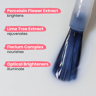 Close-up of a brush applying Illuminating Nail Concealer (Professional) by LONDONTOWN with text listing ingredients: Porcelain Flower Extract brightens dull nails, Lime Tree Extract rejuvenates, Florium Complex nourishes, and Optical Brighteners illuminate discolored nails.