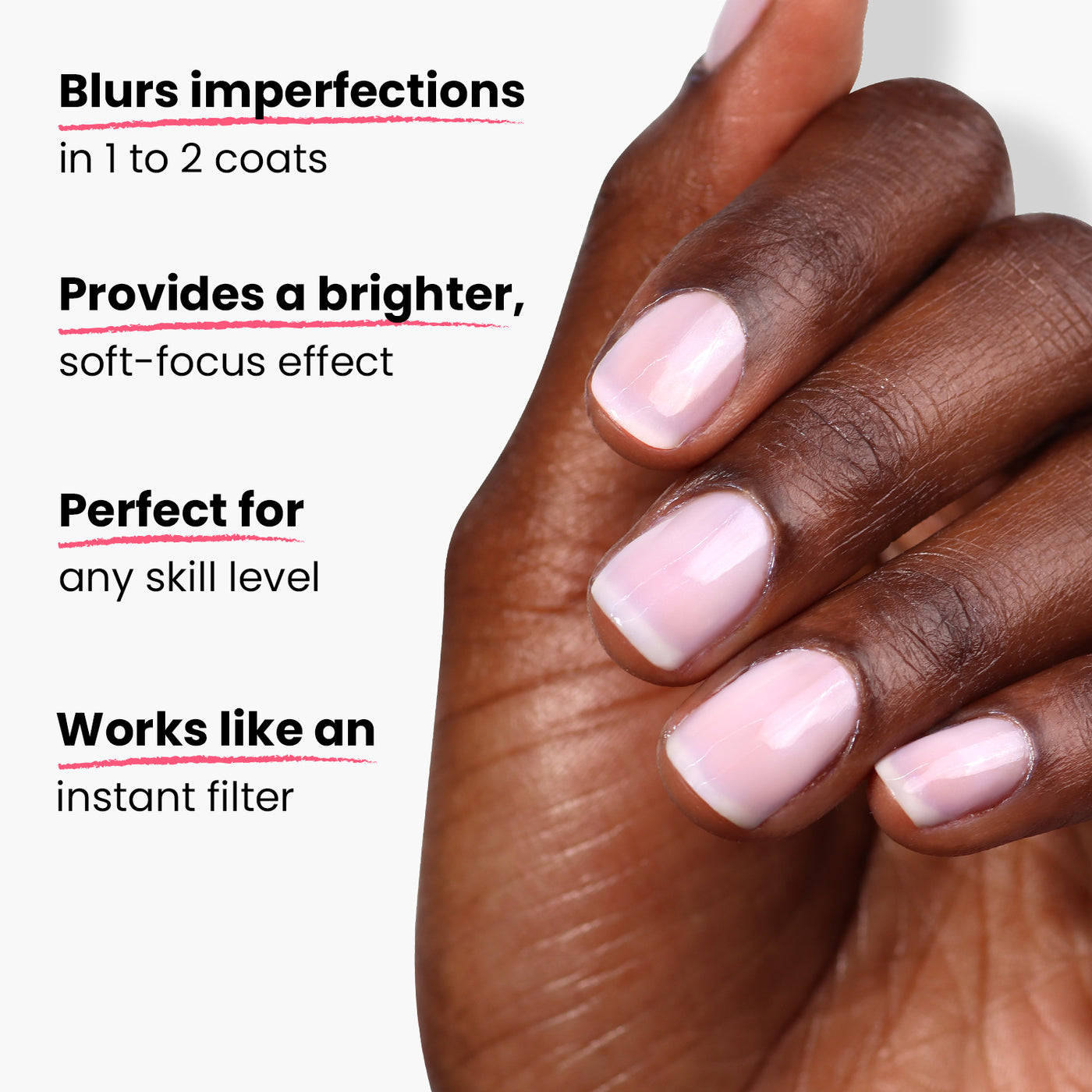 A hand with glossy, light pink painted fingernails is shown. Text on the image highlights benefits of LONDONTOWN's Pink Illuminating Nail Concealer: blurs imperfections, provides a brighter effect, perfect for any skill level, and works instantly to deliver a beautiful milky finish.