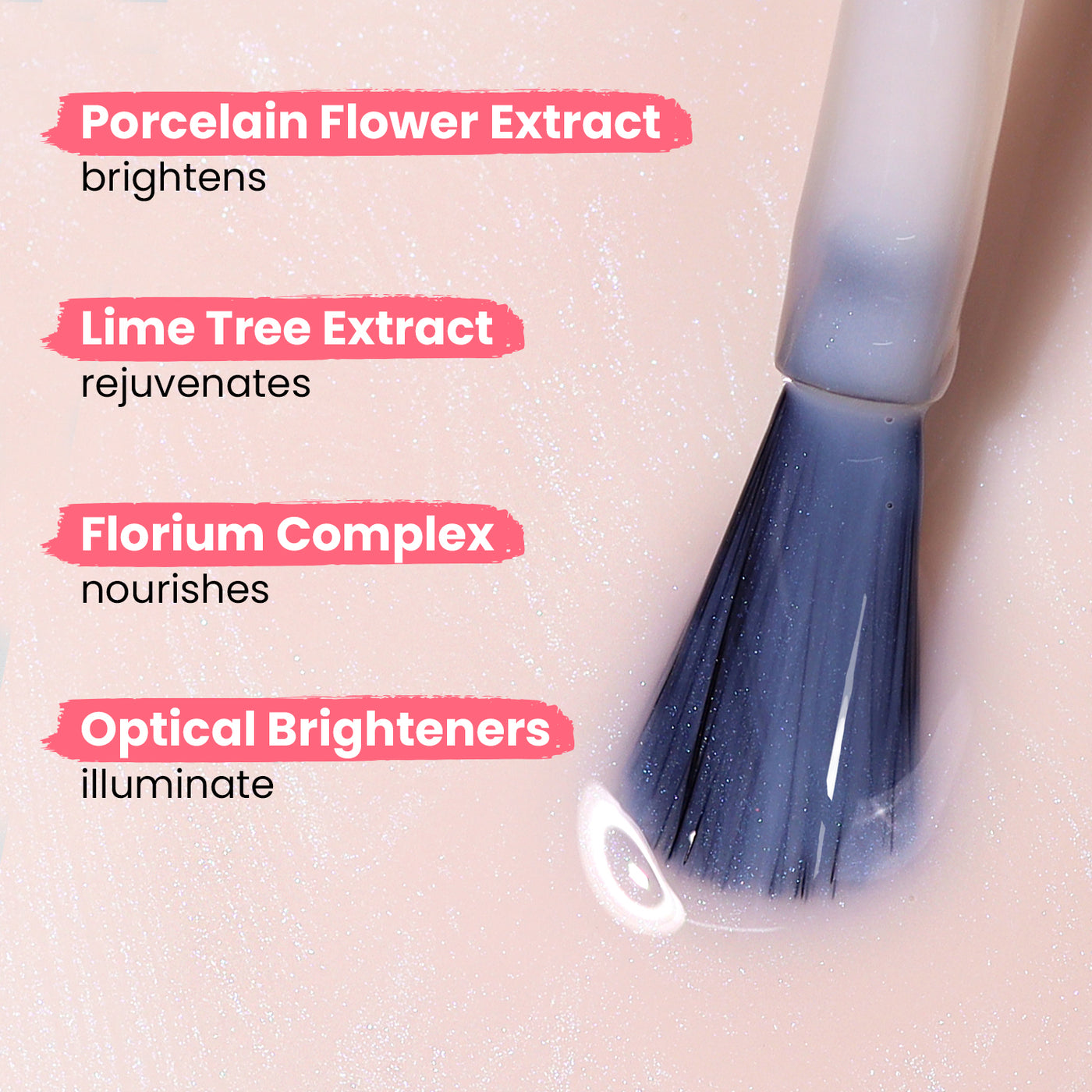 A brush with dark bristles dips into Pink Illuminating Nail Concealer by LONDONTOWN, creating an instant illuminating brightener. Text labels highlight ingredients: Porcelain Flower Extract brightens, Lime Tree Extract rejuvenates, Florium Complex nourishes, and Optical Brighteners illuminate for a milky finish.