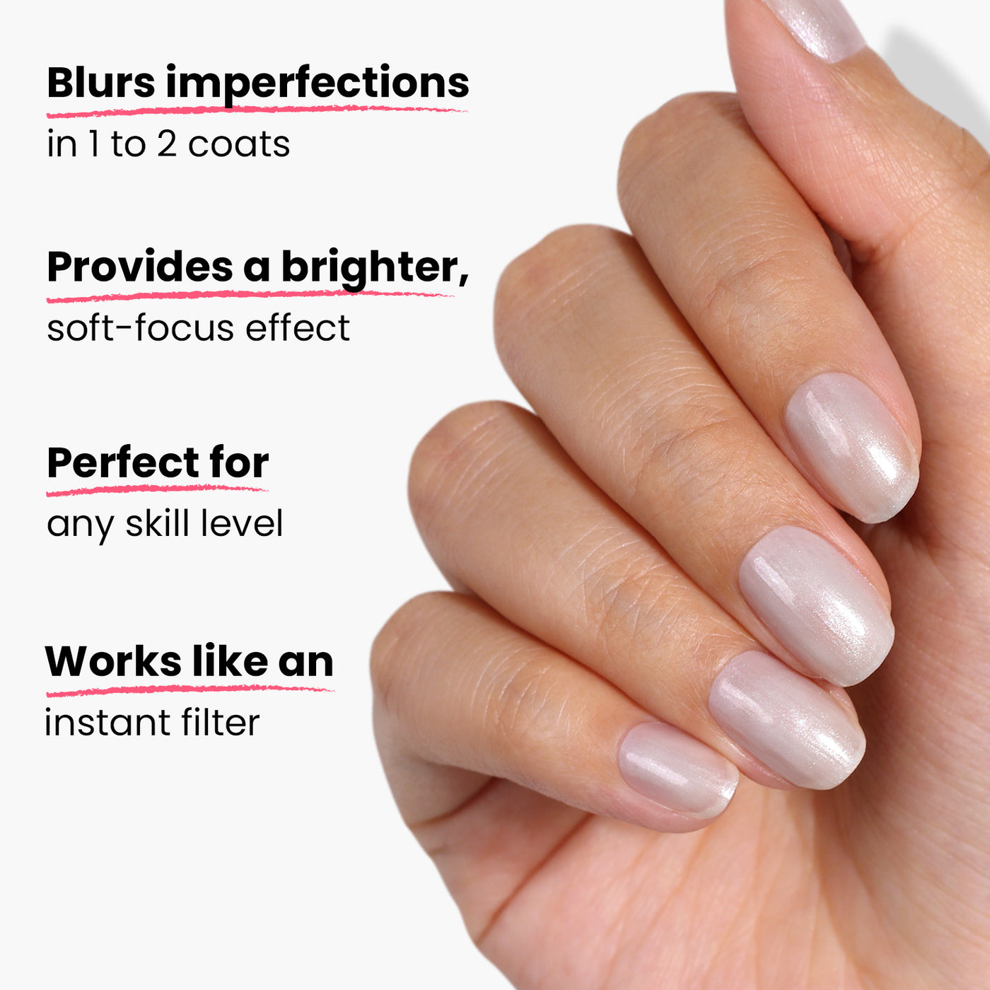 A hand with manicured nails is shown holding a nail polish brush coated in a soft gray glaze. Text next to the hand describes LONDONTOWN's Quartz Illuminating Nail Concealer, highlighting its benefits like blurring imperfections, providing a bright effect, and being easy to use.