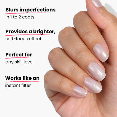 A hand with manicured nails is shown holding a nail polish brush coated in a soft gray glaze. Text next to the hand describes LONDONTOWN's Quartz Illuminating Nail Concealer, highlighting its benefits like blurring imperfections, providing a bright effect, and being easy to use.