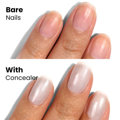 Two images showing a comparison of fingernails. The top image displays bare nails, while the bottom image features nails adorned with LONDONTOWN's Quartz Illuminating Nail Concealer in a soft gray glaze.
