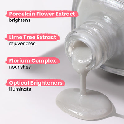 The image features a close-up of a bottle pouring creamy white liquid adorned with a soft gray glaze. Text highlights the active ingredients: Porcelain Flower Extract for brightening, Lime Tree Extract for rejuvenation, Florium Complex for nourishment, and Optical Brighteners for illumination. The Quartz Illuminating Nail Concealer from LONDONTOWN effortlessly delivers radiant nails.