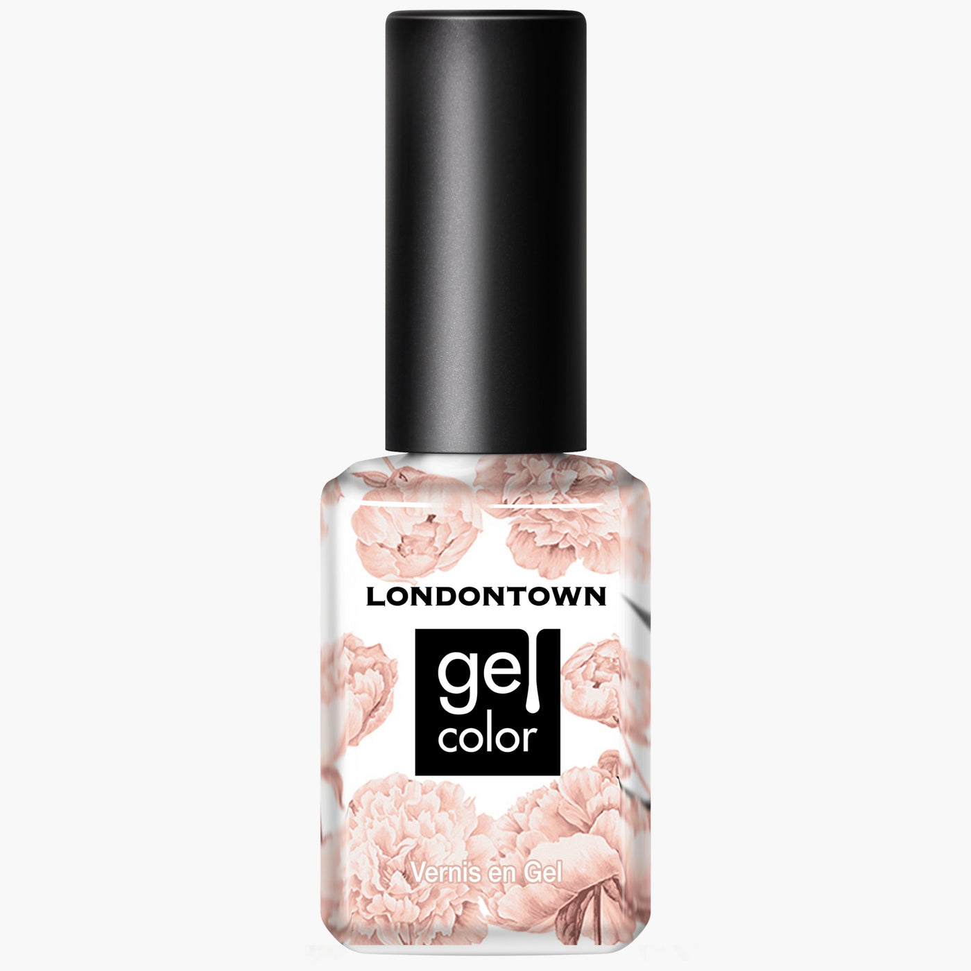 A bottle of LONDONTOWN Gel Color nail polish named "Linen," featuring a breezy floral design on the label, is filled with a light pink shade.