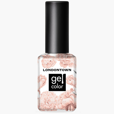A bottle of LONDONTOWN Gel Color nail polish named "Linen," featuring a breezy floral design on the label, is filled with a light pink shade.