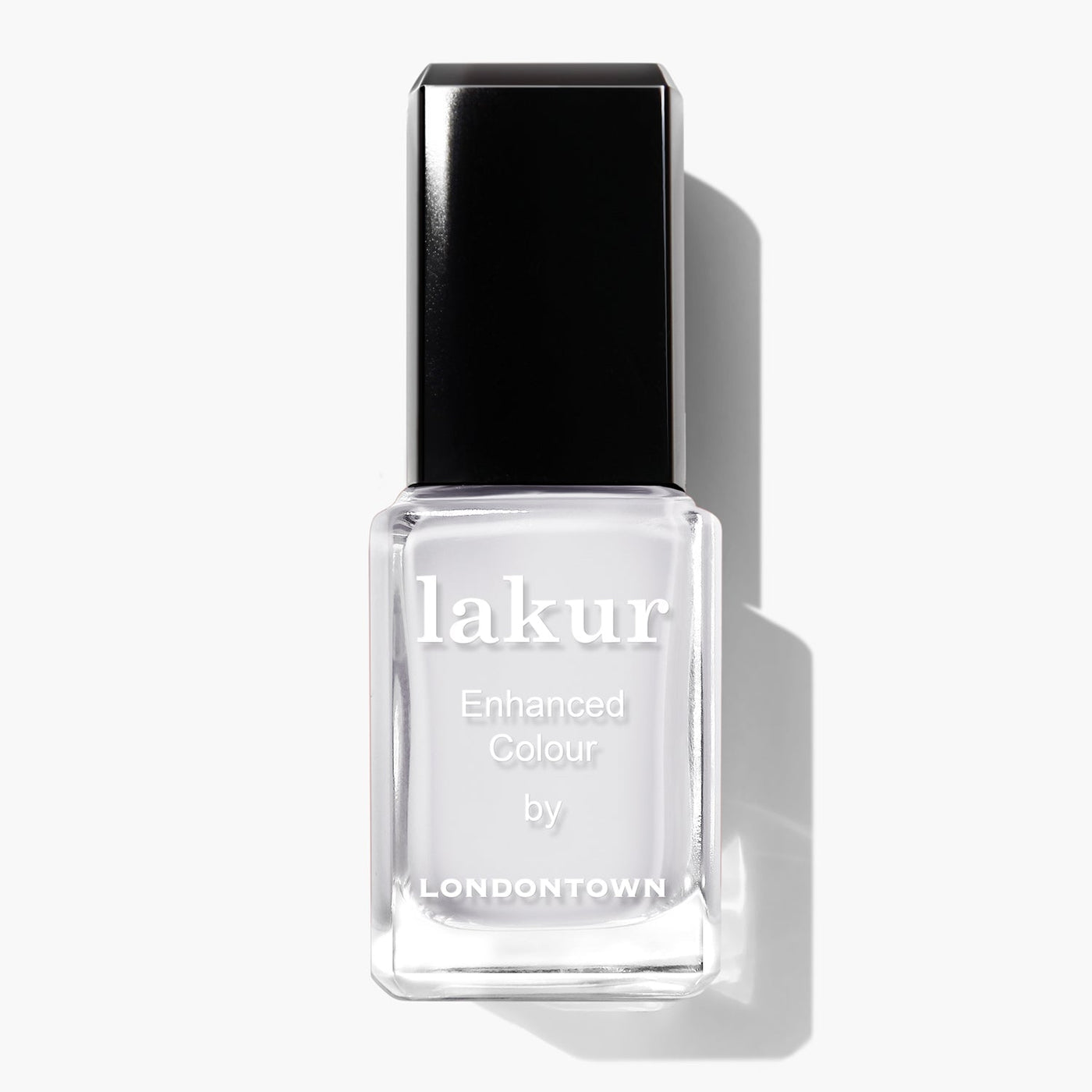 A bottle of LONDONTOWN's London Fog (Professional) nail polish with a cool black cap and a clear, crisp square-shaped container.