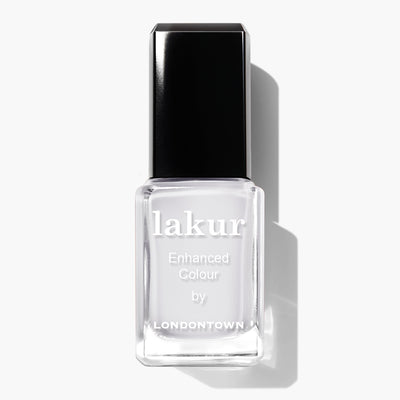 A bottle of LONDONTOWN's London Fog (Professional) nail polish with a cool black cap and a clear, crisp square-shaped container.