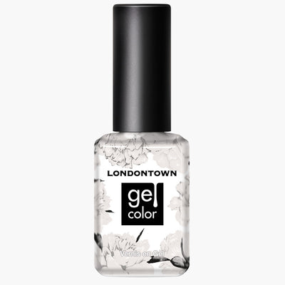 A bottle of LONDONTOWN London Fog Gel Color nail polish with a black cap and a cool, crisp floral design on the bottle.