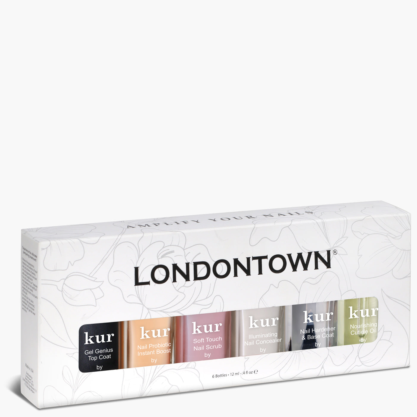 The Londontown Total Care Set from LONDONTOWN includes six nail care products, each bottle specifically labeled for different uses such as top coat, nail hardener, and nail scrub. The set comes in a beautifully floral-designed package, ensuring your nails are prepped to polished perfection.