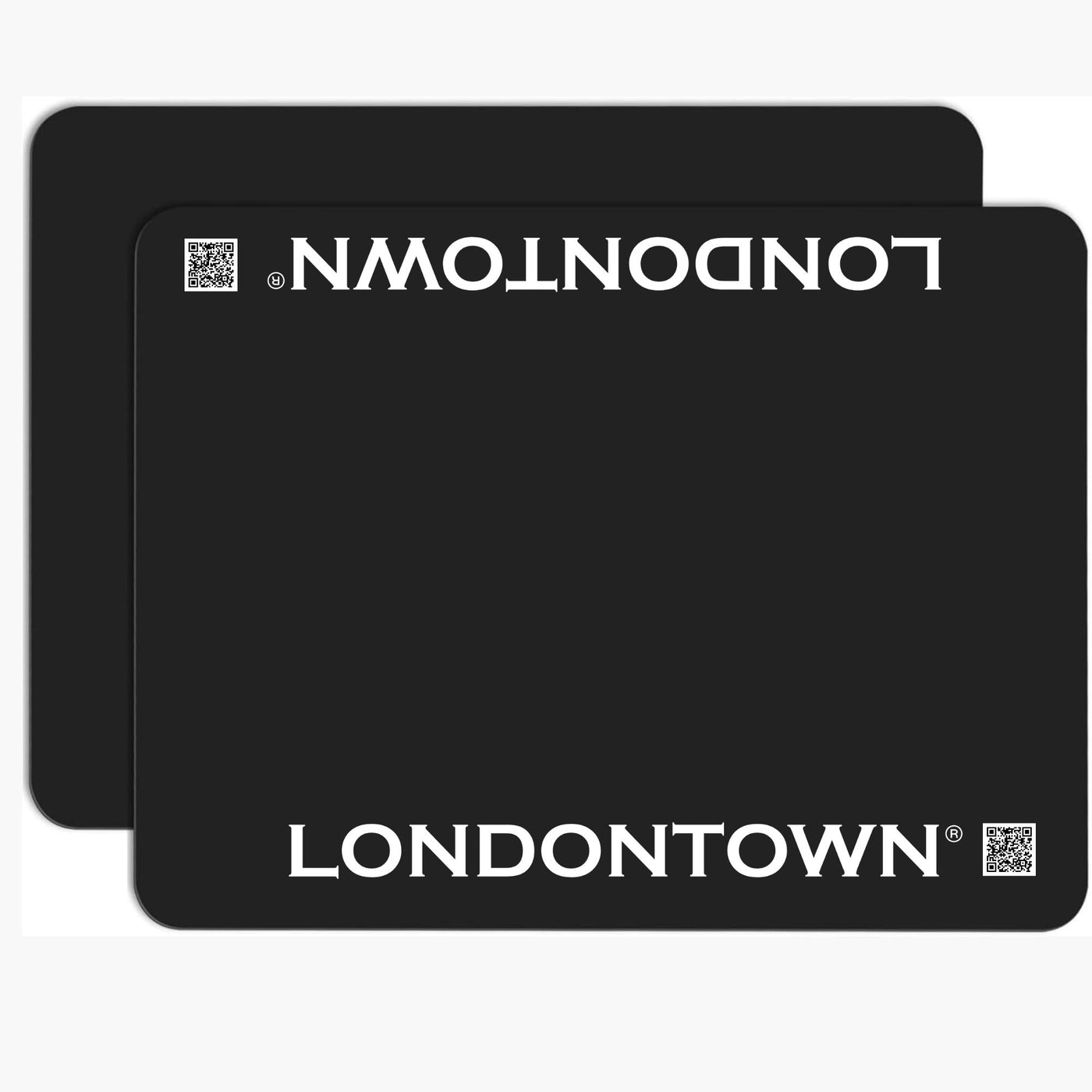 Two Londontown Station Mats in a black rectangular design, featuring "LONDONTOWN" printed in white and a small QR code in the corner.