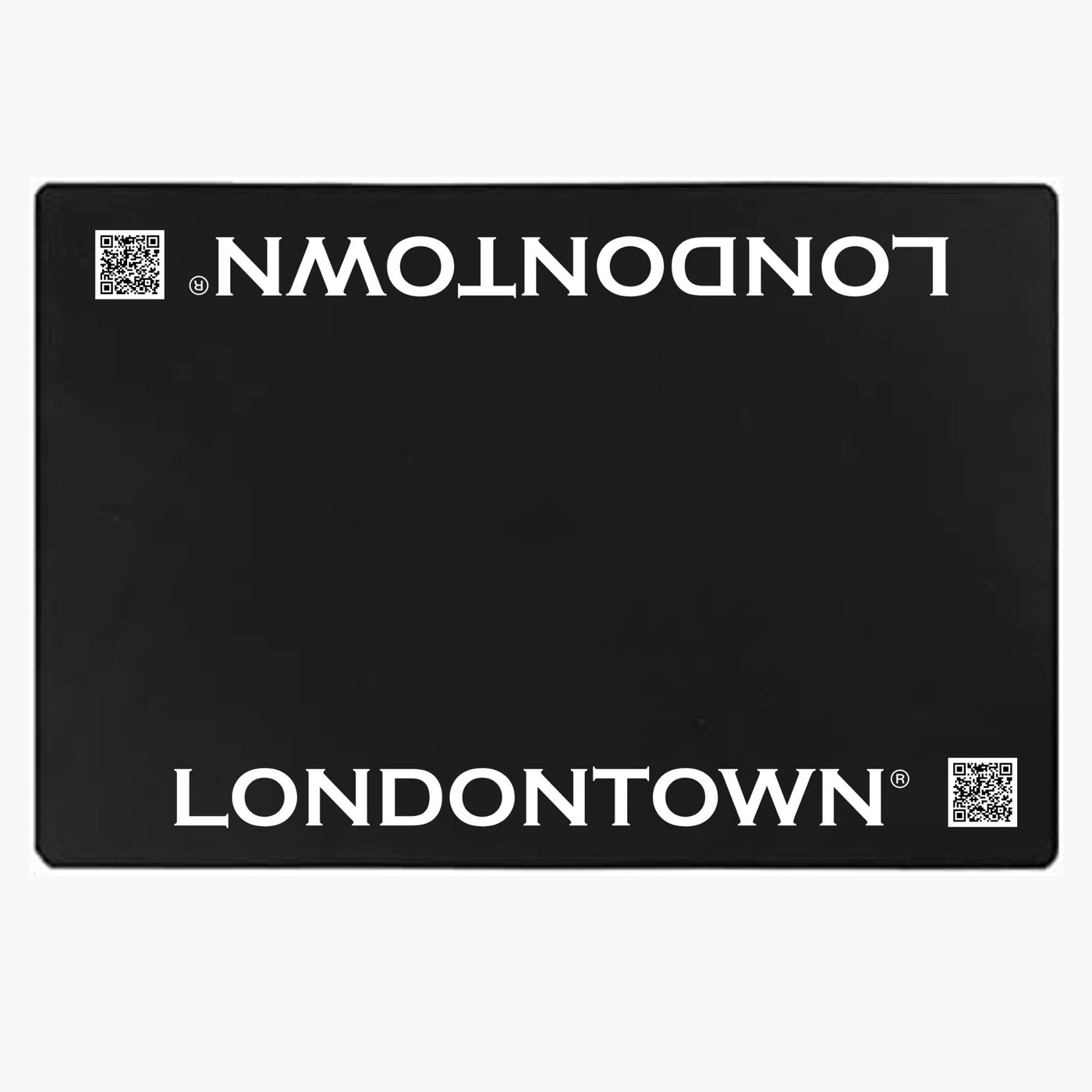 Product Description: The Londontown Station Mat features a black rectangular design with "LONDONTOWN" printed in white at both the top and bottom, along with QR codes located in opposite corners.