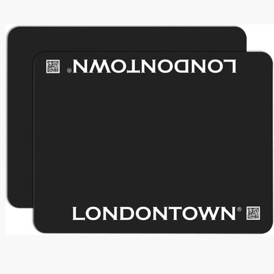 Two Londontown Station Mats in a black rectangular design, featuring "LONDONTOWN" printed in white and a small QR code in the corner.