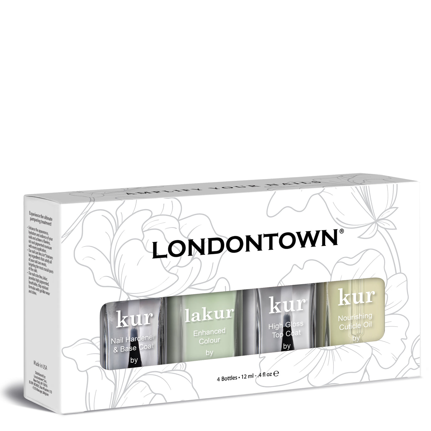 A box labeled "All the Sage Mani Set" from LONDONTOWN, containing four bottles of nail care products perfect for the spring season: a light green nail hardener and base coat, an enhanced color, a high gloss top coat, and a nourishing cuticle oil.