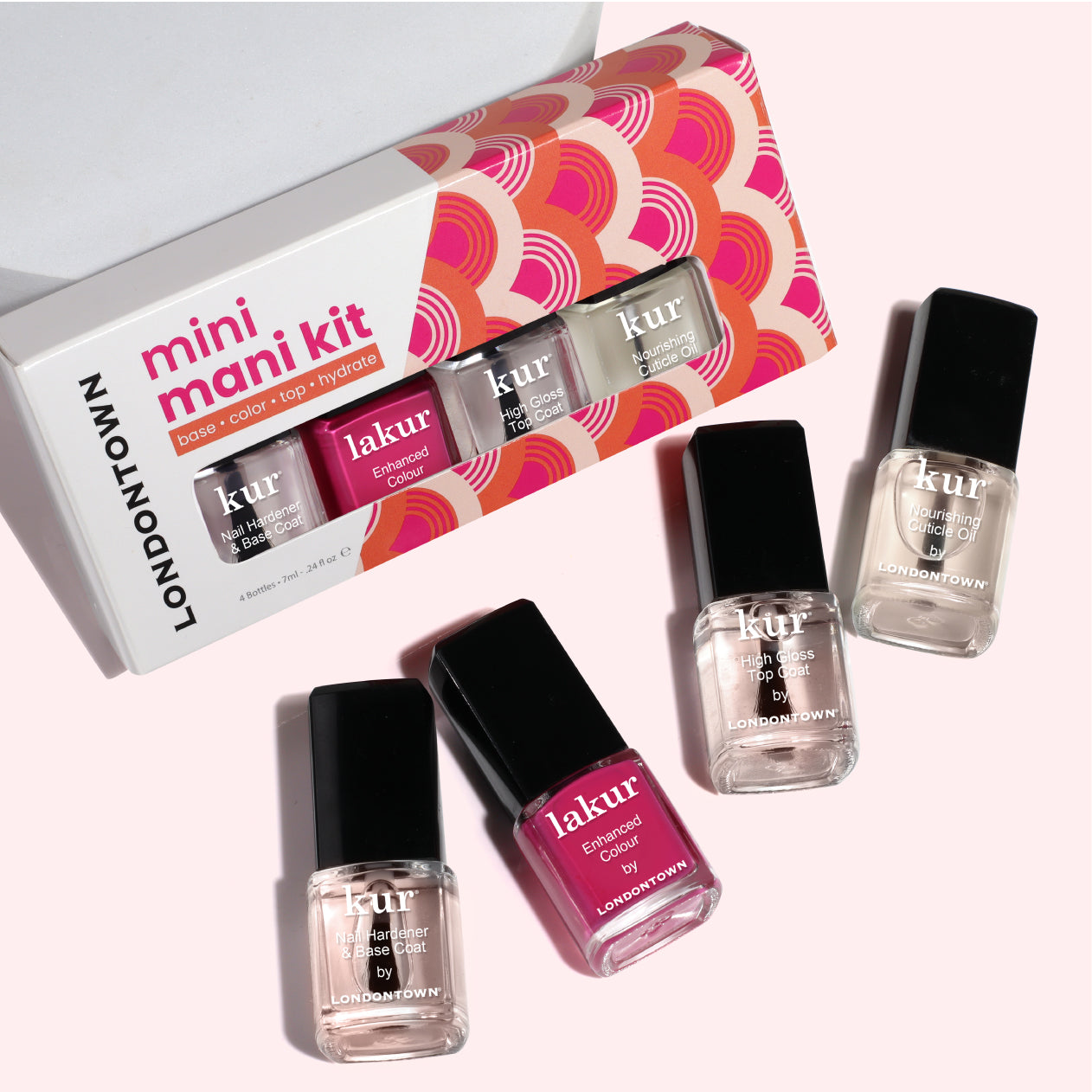 LONDONTOWN’s Mini Mani Kit - Mother's Day Set includes four polishes—two clear, one light pink, one dark pink—ideal for on-the-go manicures and shown both in and out of the packaging on a light background.