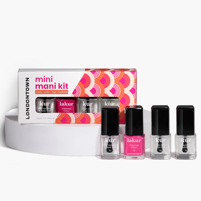 The LONDONTOWN Mini Mani Kit - Mother's Day Set includes four nail polishes—three clear, one pink—displayed in front of a branded box, making it perfect for on-the-go manicures.