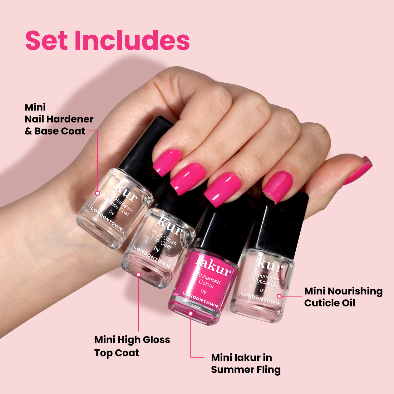 A hand with bright pink nails holds LONDONTOWN’s Mini Mani Kit - Mother's Day Set, featuring a nail hardener & base coat, high gloss top coat, Summer Fling polish, and nourishing cuticle oil—ideal for flawless manis anywhere.