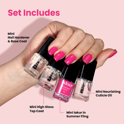 A hand with bright pink nails holds LONDONTOWN’s Mini Mani Kit - Mother's Day Set, featuring a nail hardener & base coat, high gloss top coat, Summer Fling polish, and nourishing cuticle oil—ideal for flawless manis anywhere.
