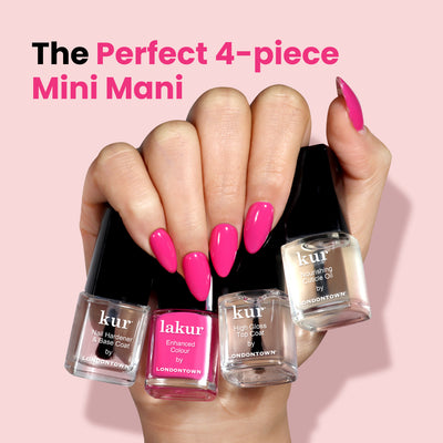 A hand with bright pink nails displays four LONDONTOWN Mini Mani Kit - Mother's Day Set products against a light pink background. Text reads: "The Perfect 4-piece Mini Mani for manis on the go.