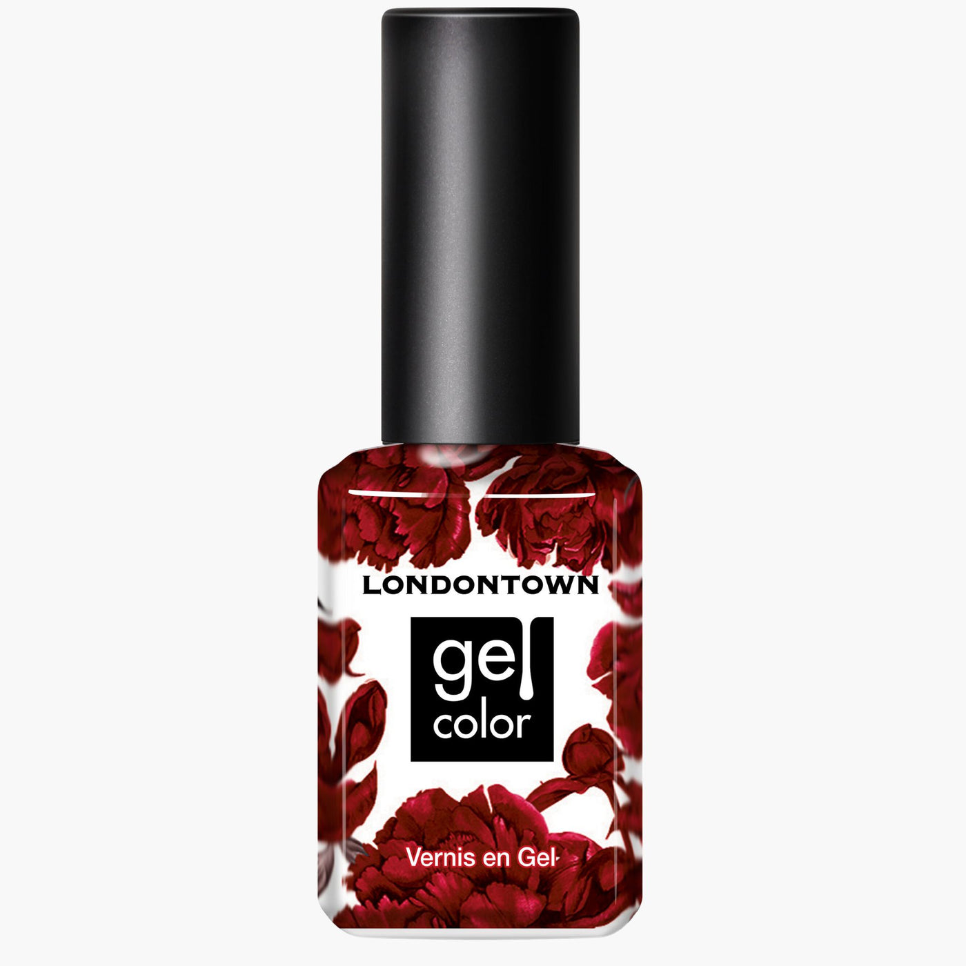 A bottle of LONDONTOWN gel nail polish in a decadent deep burgundy color, labeled "Mull It Over" with a floral design near the bottom and "Vernis en Gel" text.