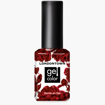 A bottle of LONDONTOWN gel nail polish in a decadent deep burgundy color, labeled "Mull It Over" with a floral design near the bottom and "Vernis en Gel" text.