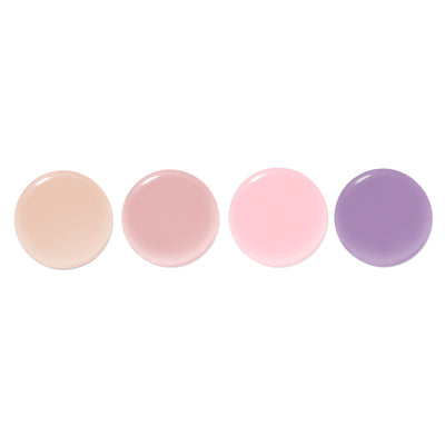 Four circular blobs of nail polish from the Perfecting Nail Veil Mini Set by LONDONTOWN, in sheer beige, mauve, pink, and lavender are arranged in a row on a white background—perfection in every shade.