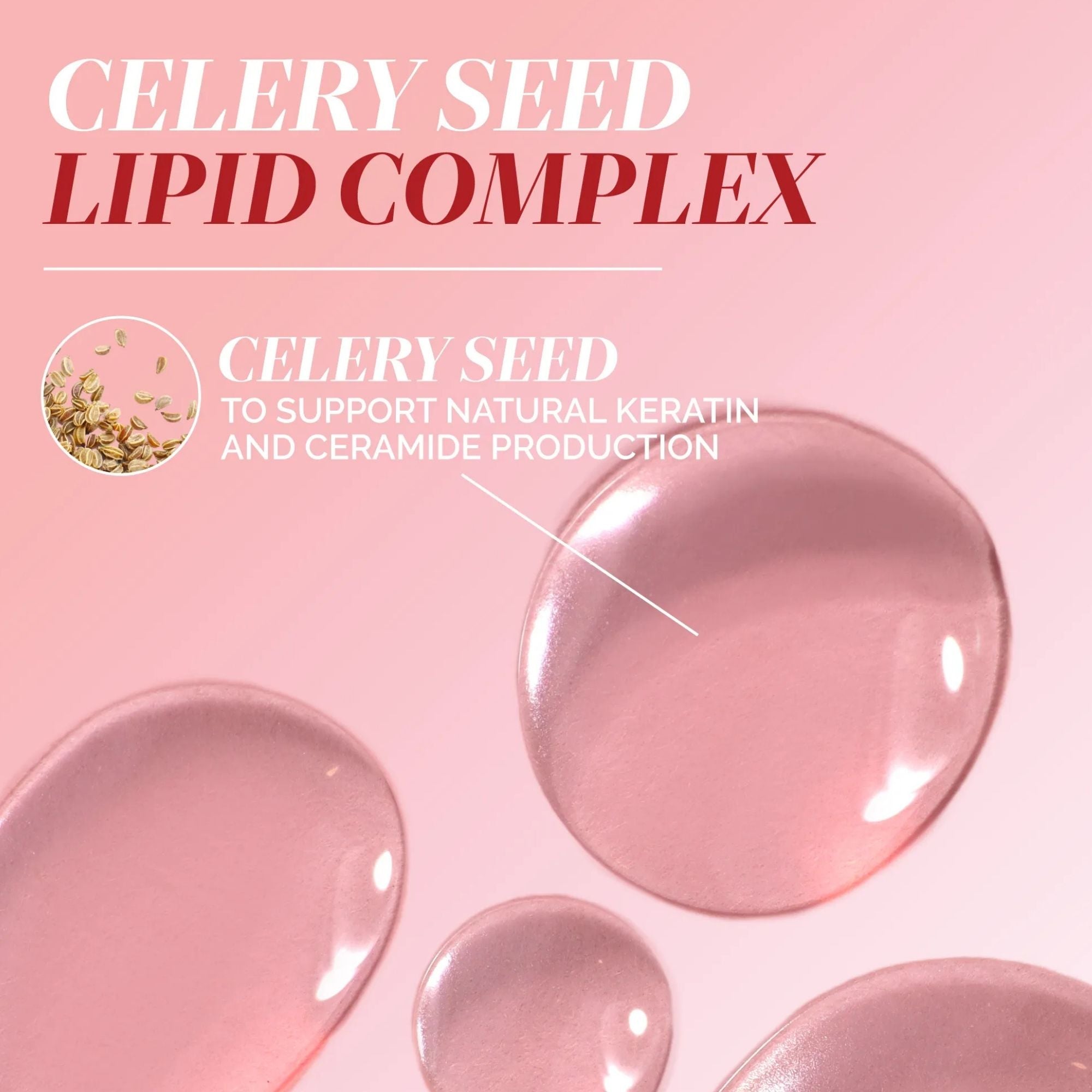Soft pink background with large liquid drops, celery seeds, and text reading
