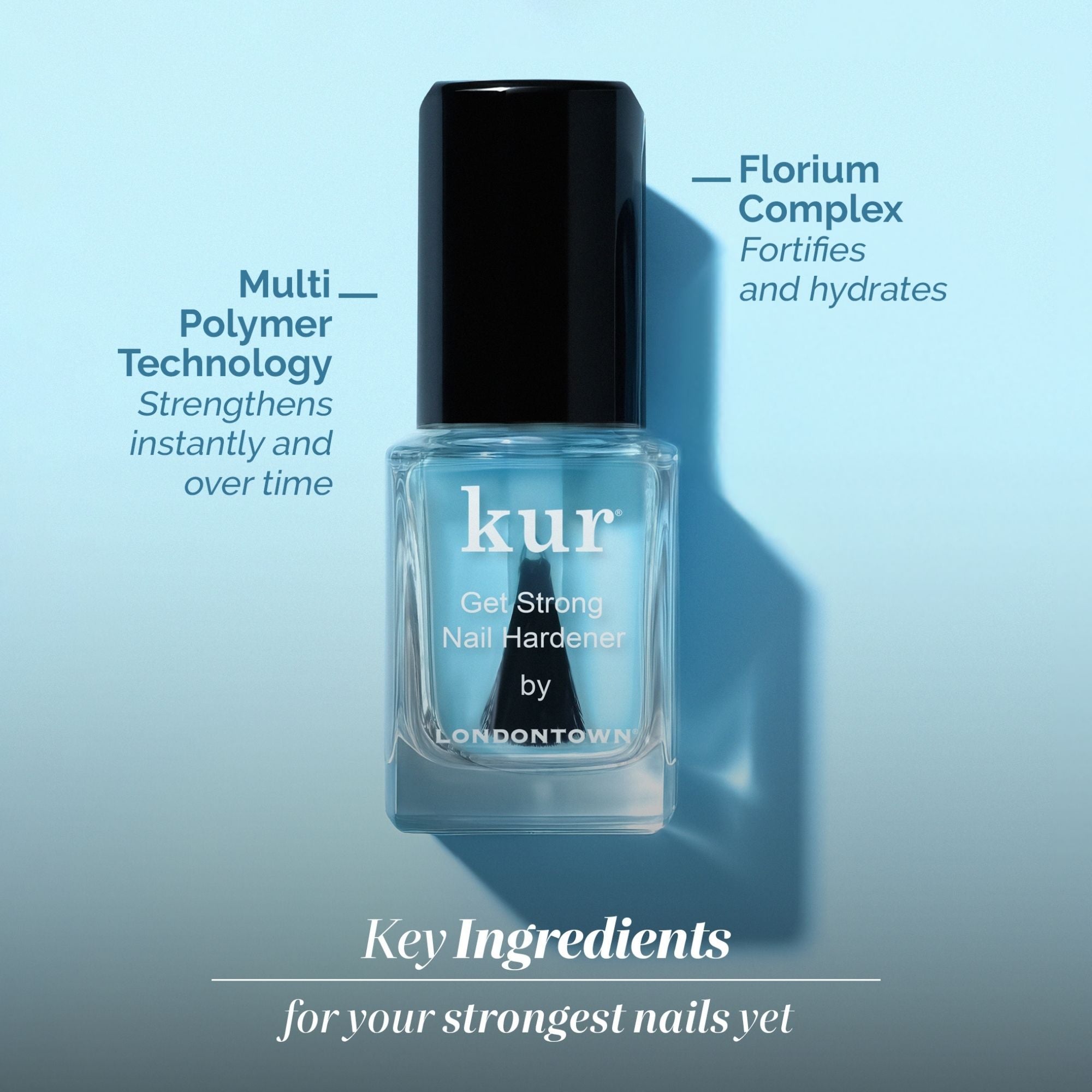 A bottle of LONDONTOWN Get Strong Nail Hardener is shown, featuring multi-polymer technology and Florium Complex to boost nail strength and long-lasting hydration—your secret to stronger, healthier nails.