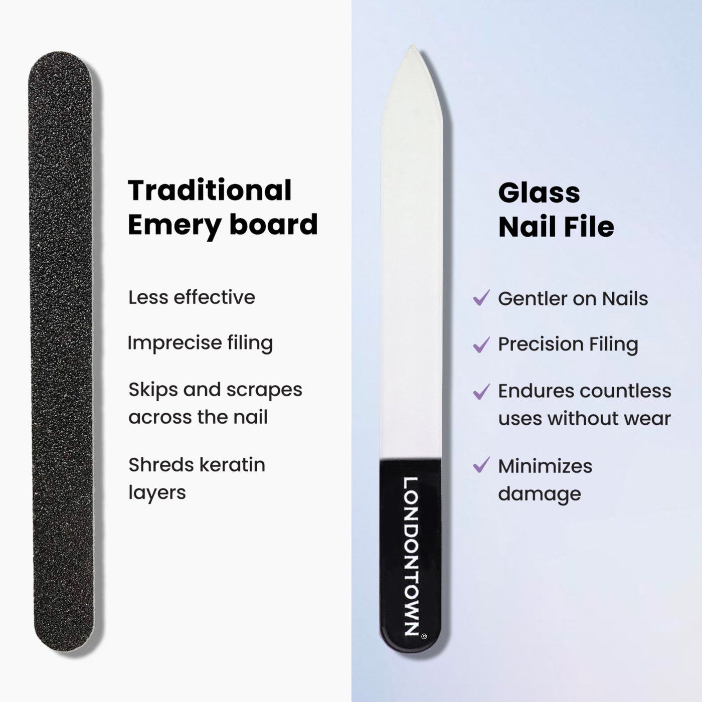 A comparison between a traditional emery board (left) and the LONDONTOWN Glass Nail File - Petal (right), highlighting the emery board's imprecise filing and damage versus the glass nail file's gentle, precise, and damage-free attributes.