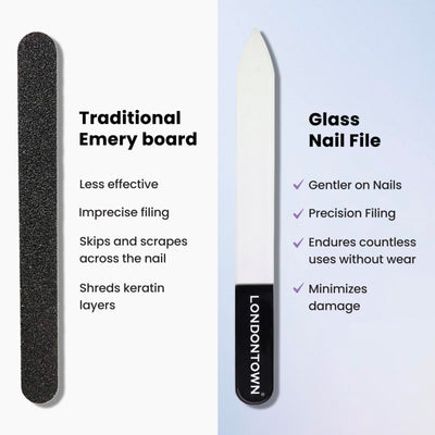 A comparison between a traditional emery board (left) and the LONDONTOWN Glass Nail File - Petal (right), highlighting the emery board's imprecise filing and damage versus the glass nail file's gentle, precise, and damage-free attributes.