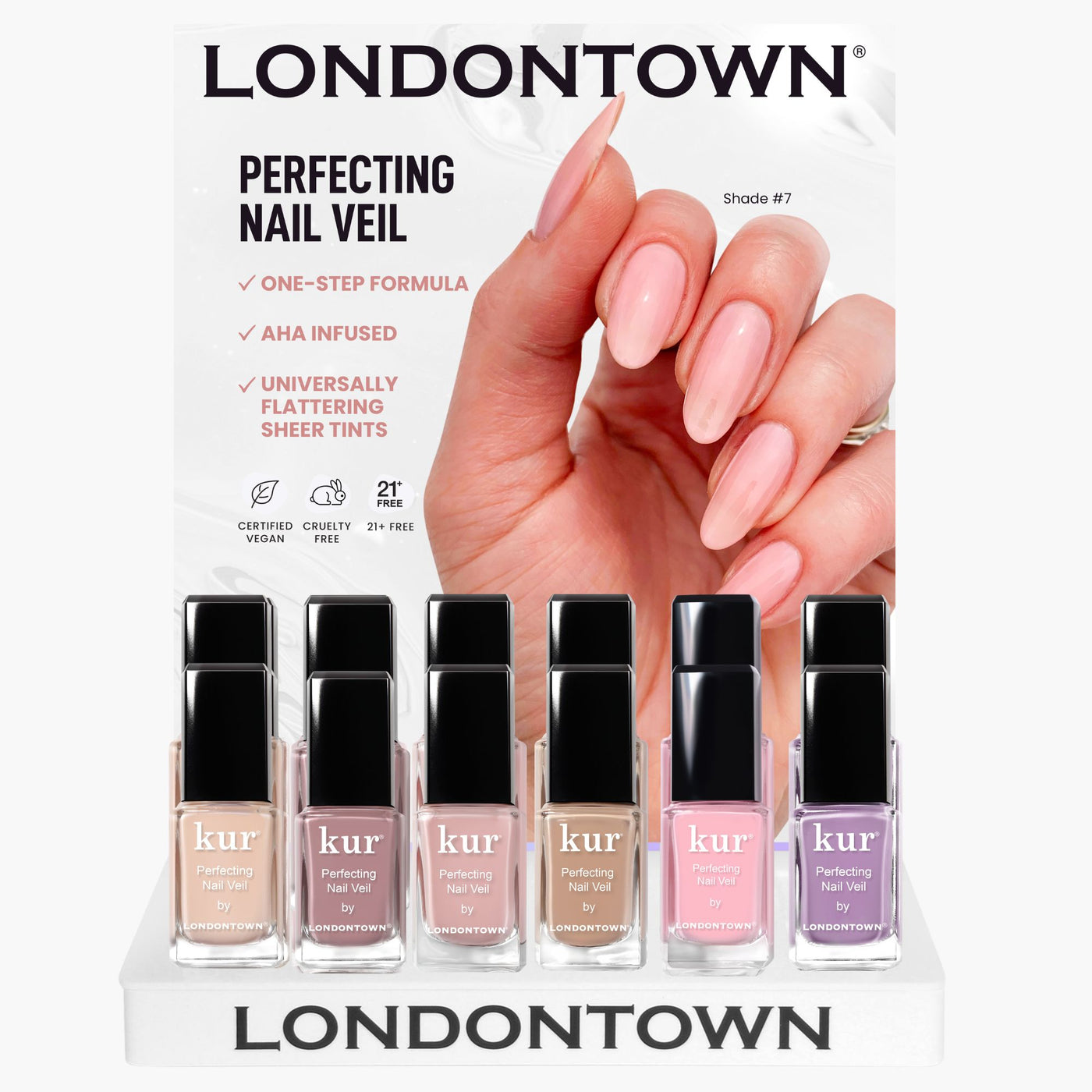 The Perfecting Nail Veil POP Display by LONDONTOWN showcases various shades of nail polish against a promotional backdrop featuring a hand with polished nails.