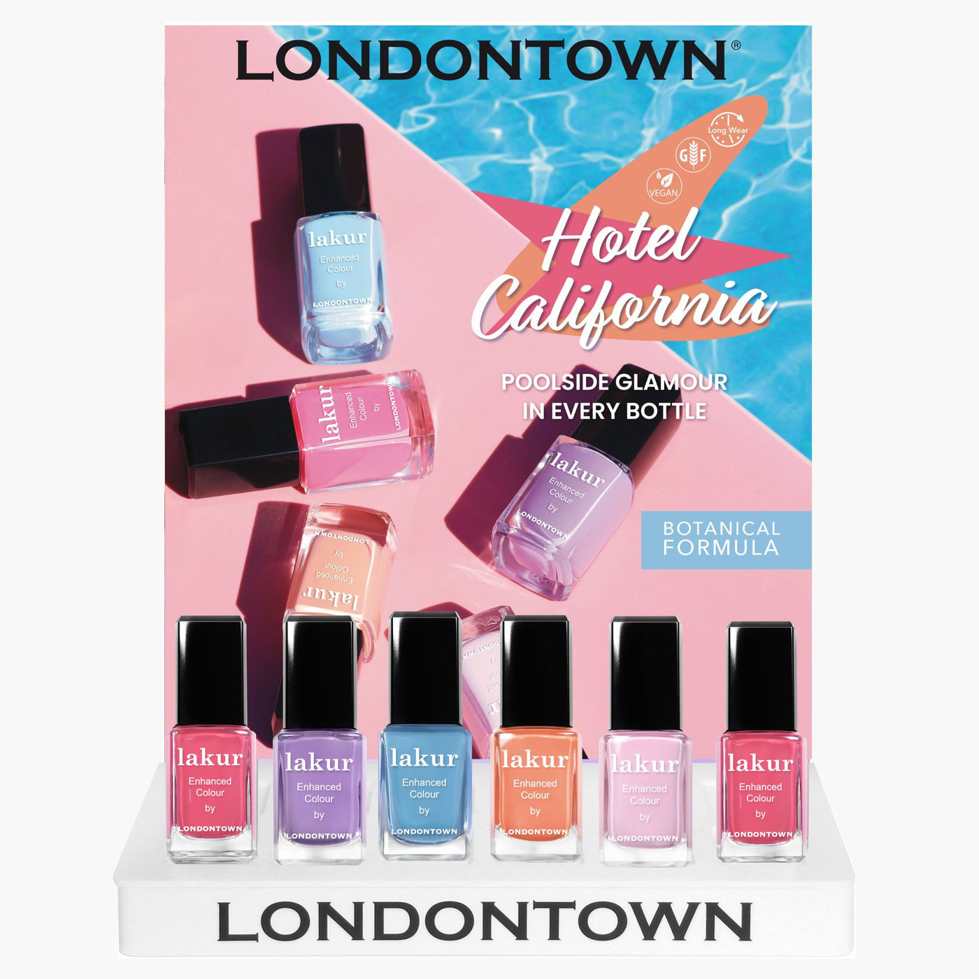The Hotel California POP Display from LONDONTOWN showcases seven vibrant nail polish bottles against a poolside-themed backdrop.
