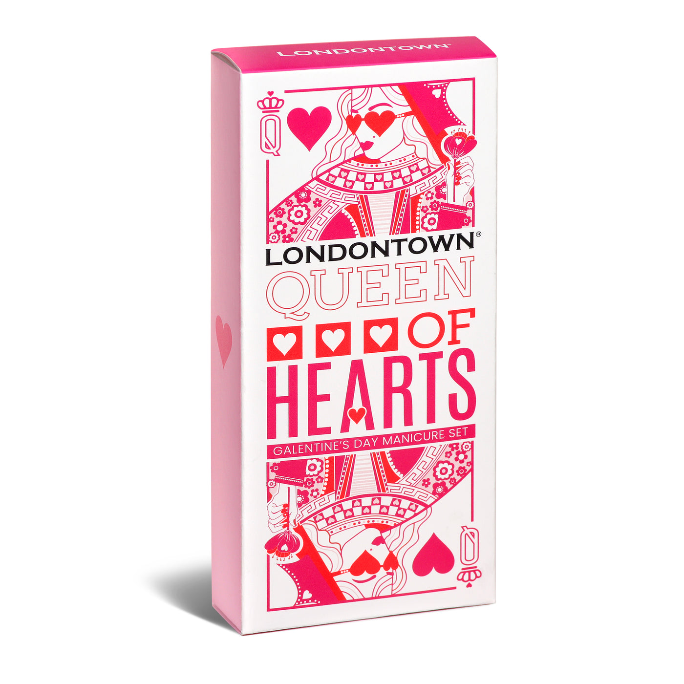 Box packaging for the LONDONTOWN Queen of Hearts Galentines Day Set, showcasing red and pink card suit designs with text.