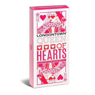 Box packaging for the LONDONTOWN Queen of Hearts Galentines Day Set, showcasing red and pink card suit designs with text.