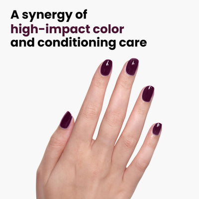 A manicured hand with nails painted in Bell in Time deep purple by LONDONTOWN, featuring a synergy of vibrant color and conditioning care using their breathable formula.