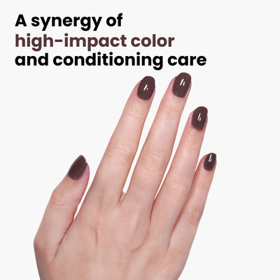Fingers adorned with the chocolatey shade "Teak" by LONDONTOWN are displayed against a white background. The text highlights: "A blend of vibrant color and conditioning care with our nourishing Florium Complex.