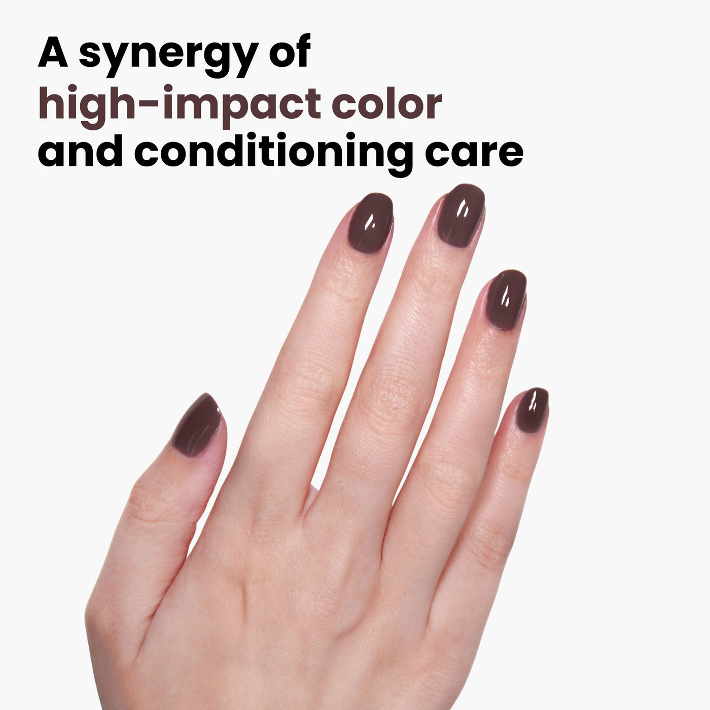 A hand with neatly manicured, chocolatey brown LONDONTOWN Teak (Professional) nail polish is displayed against a white background with the text "A synergy of high-impact color and conditioning care featuring Florium Complex.