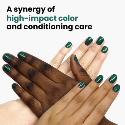 Close-up of dark and light-skinned hands showing stunning teal nails with a hint of gold shimmer on a white background. Text: "Mistletoe by LONDONTOWN: High-impact color meets conditioning care.