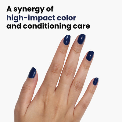 A hand with shiny dark blue nail polish against a white background, accompanied by text promoting high-impact color and conditioning care, reminiscent of polished form. Product: "Under the Stars" by LONDONTOWN.